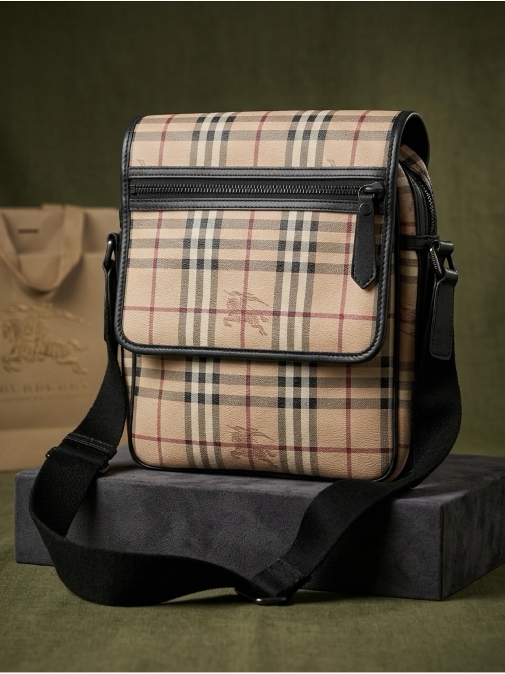 Burberry Haymarket Check Messenger Bag with Black Trim w/COA